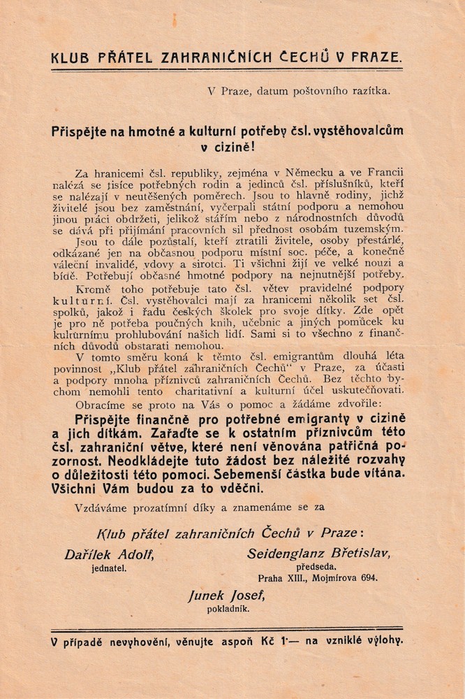 Leták, klub přátel zahraničních čechů, Praha