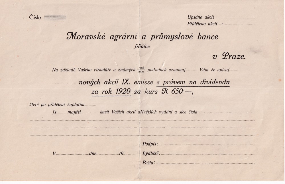 Účet, Moravské agrární a průmyslové bance, Praha