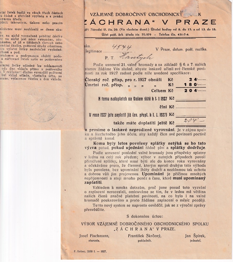 Účet, Dobročinný obchodnický spolek, Praha