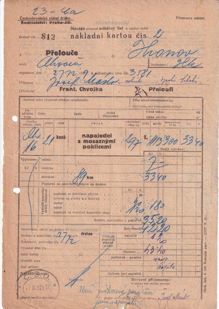 Účet, Nákladní karta, Hronov, 1929