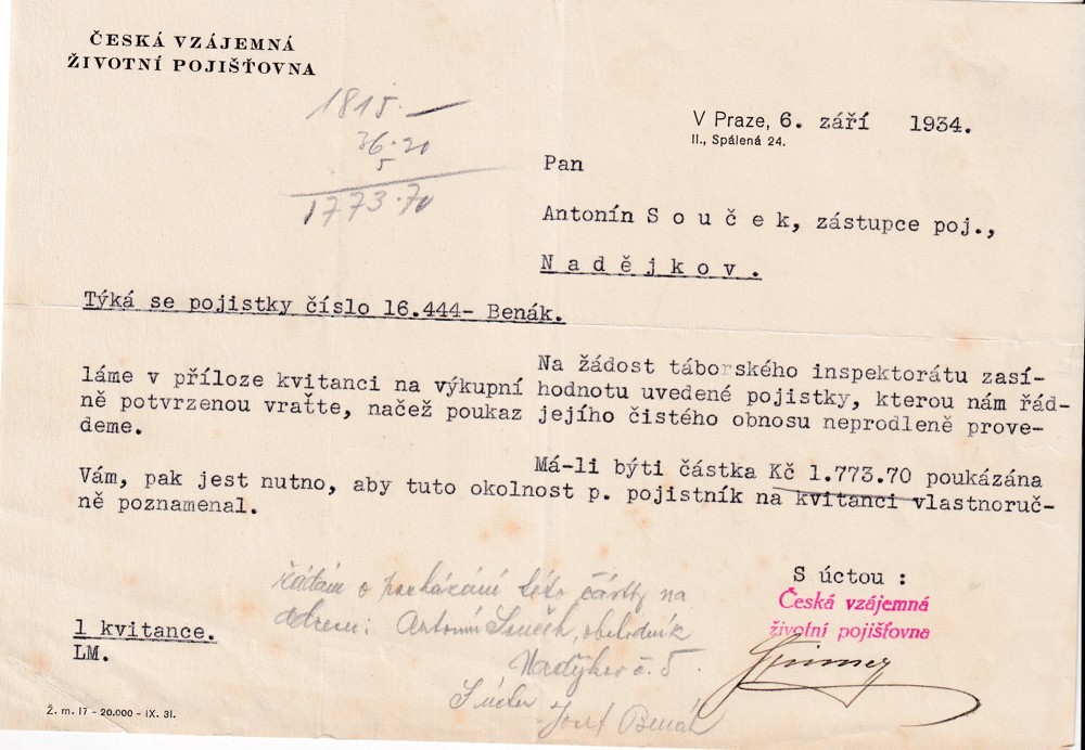 Účet, Vzájemná životní pojišťovna, Praha, 1934