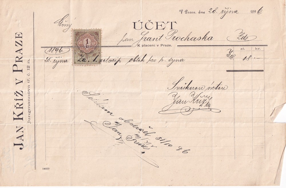 Účet, Jan Kříž, Praha, 1896