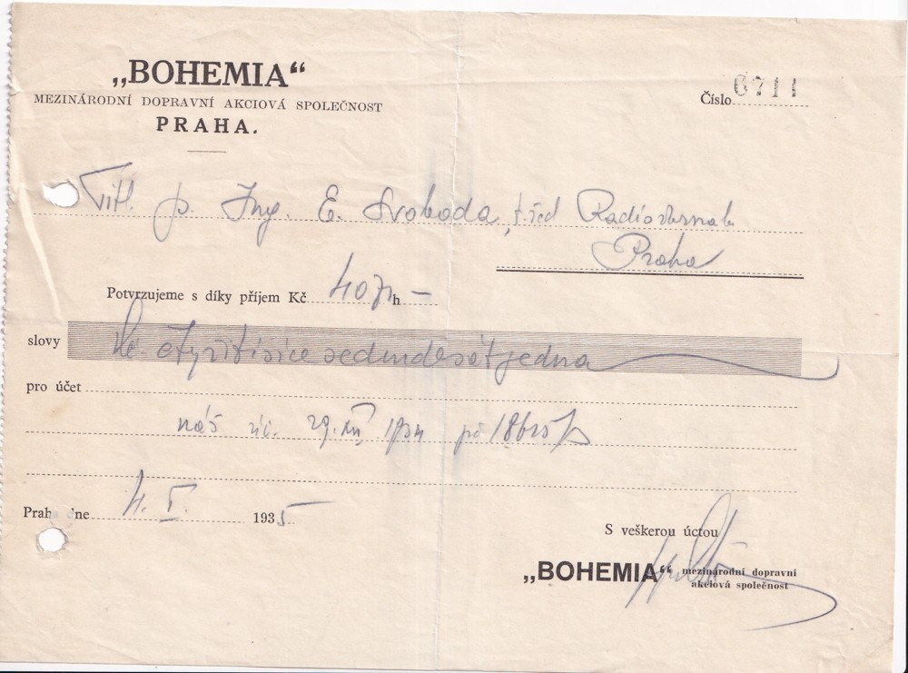 Účet, Bohemia, dopravní společnost, Praha, 1935