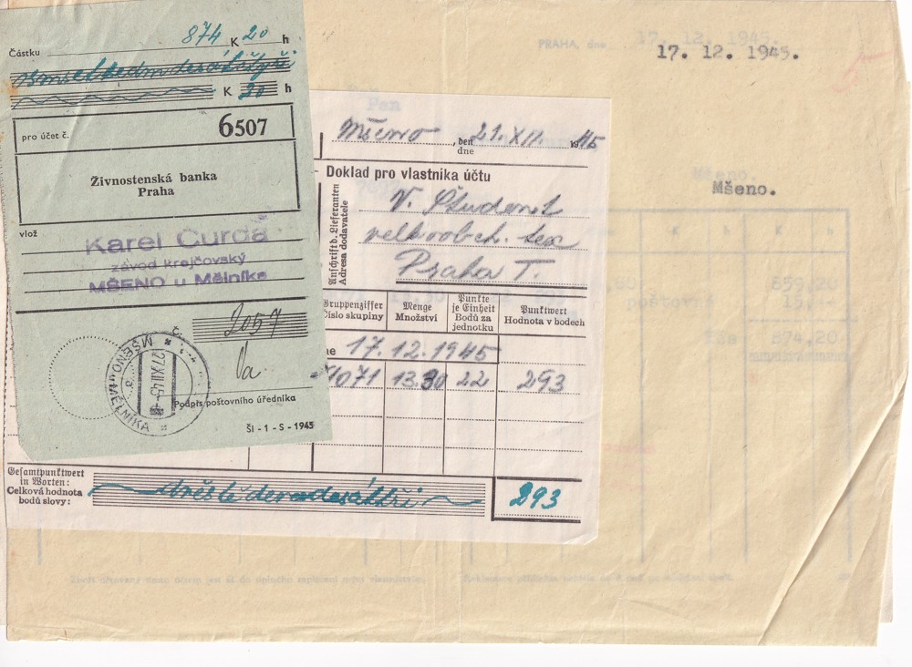 Účet, Závod krejčovský, K. Čurda, Praha, 1945