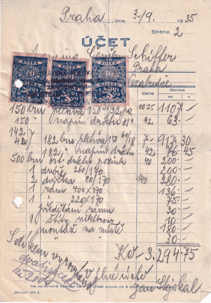 Účet, Stolářské a nábytek, Praha, 1935