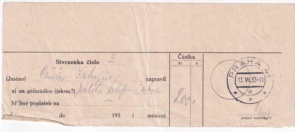 Účet, Stvrzenka číslo 3, záloha, Praha, 1933