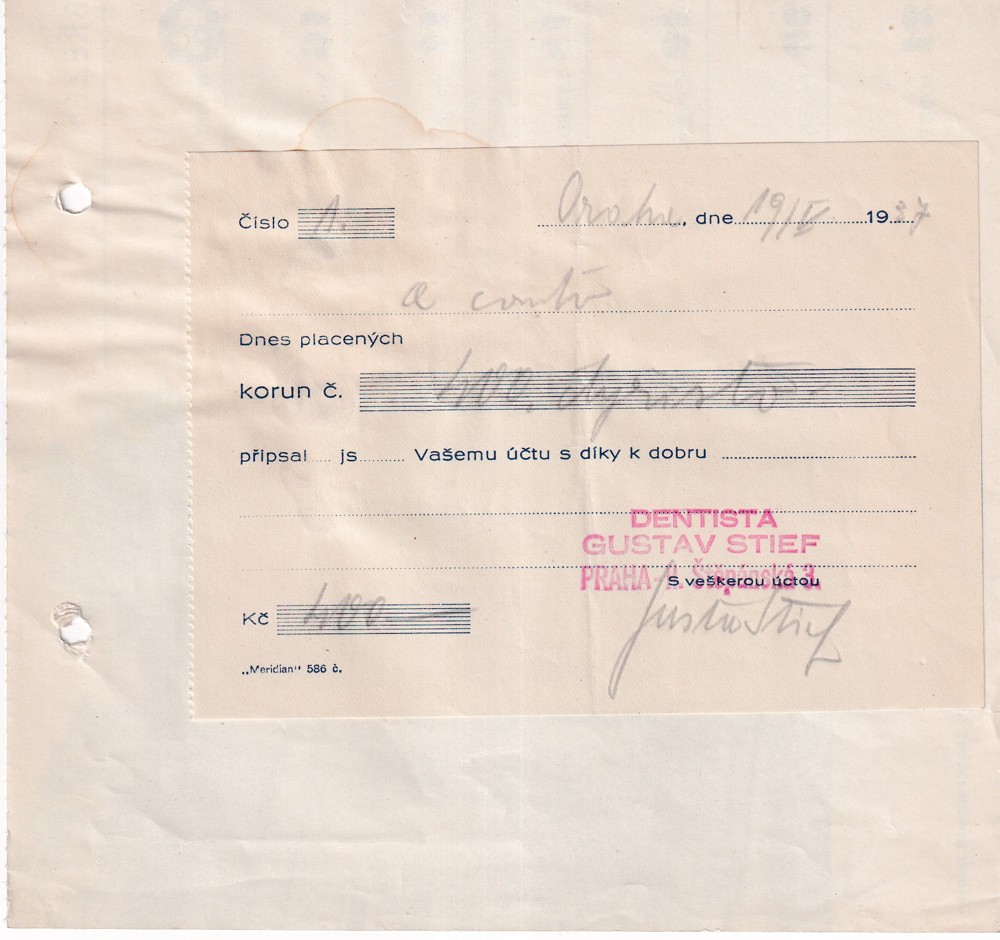 Účet, Dentista, Gustav Stief, Praha, 1937