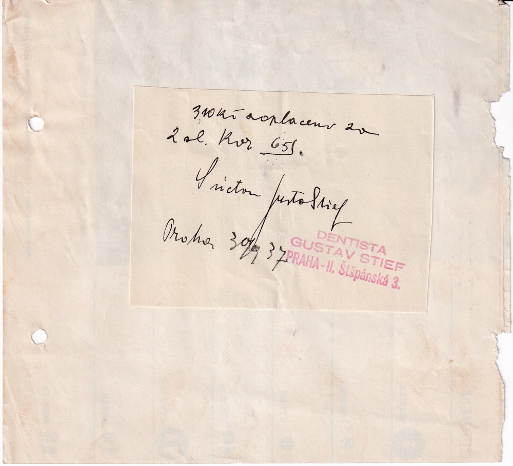 Účet, Dentista, Gustav Stief, Praha, 1937