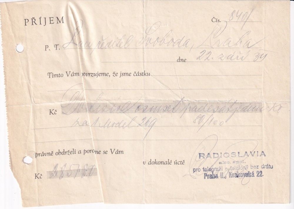 Účet, Radioslavia, telegrafie, telefonie, Praha, 1934