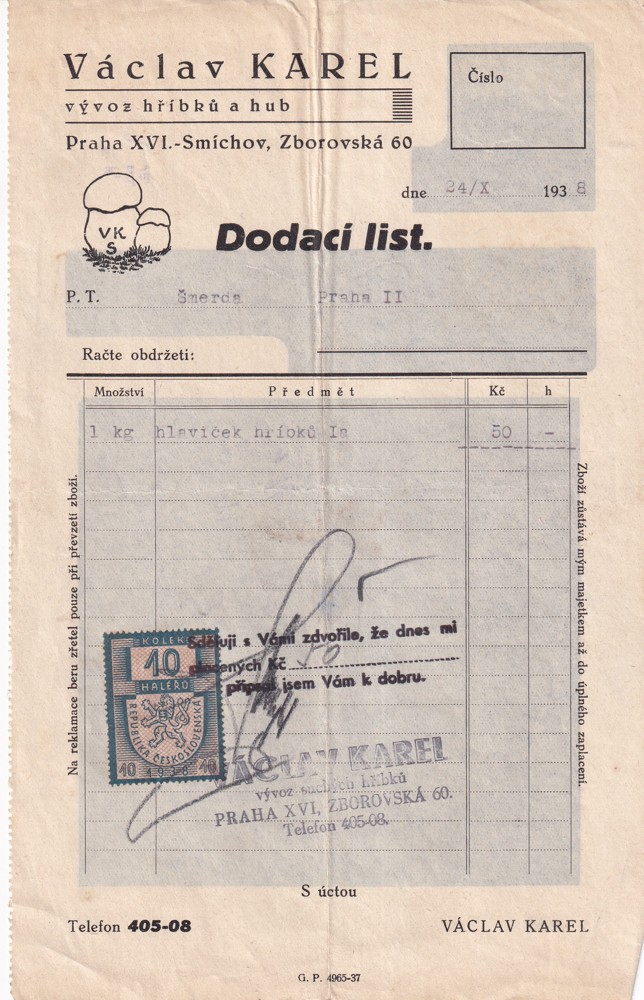Účet, Dodací list, vývoz hříbků a hub, Praha, 1938