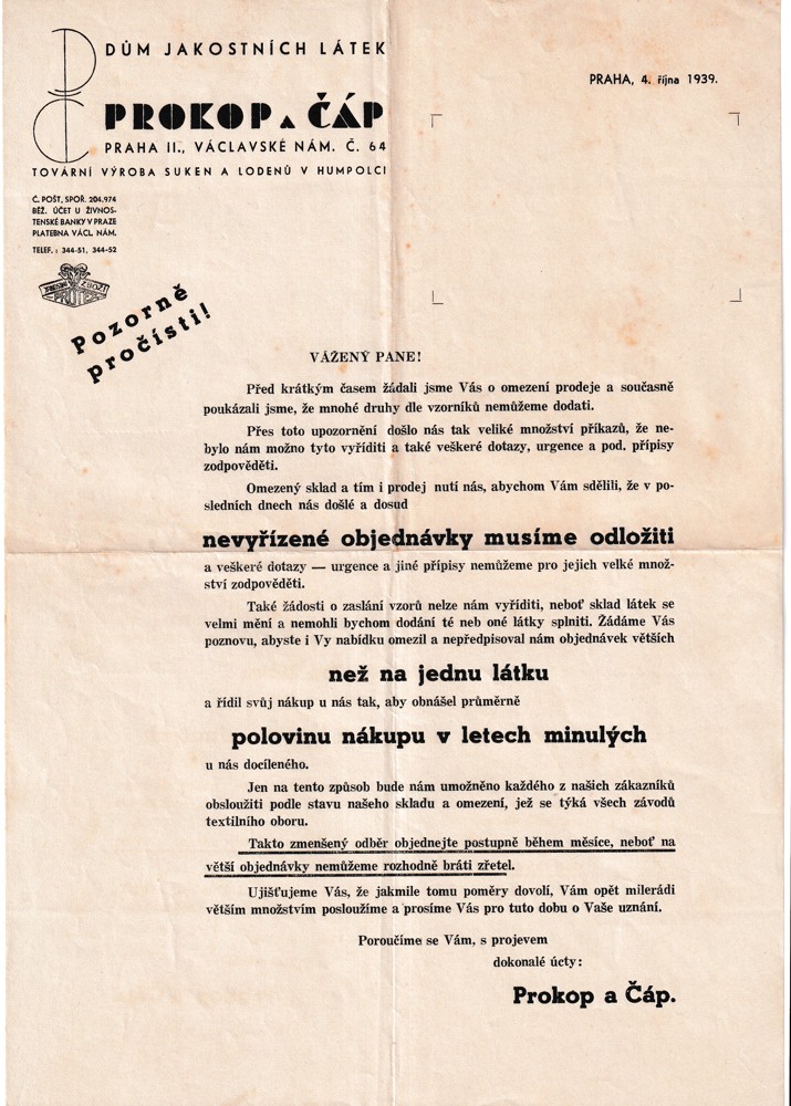 Účet, Dům jakostních látek, Praha, 1939