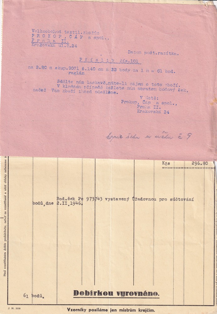 Účet, Velkoobchod textliním zbožím, Praha, 1946