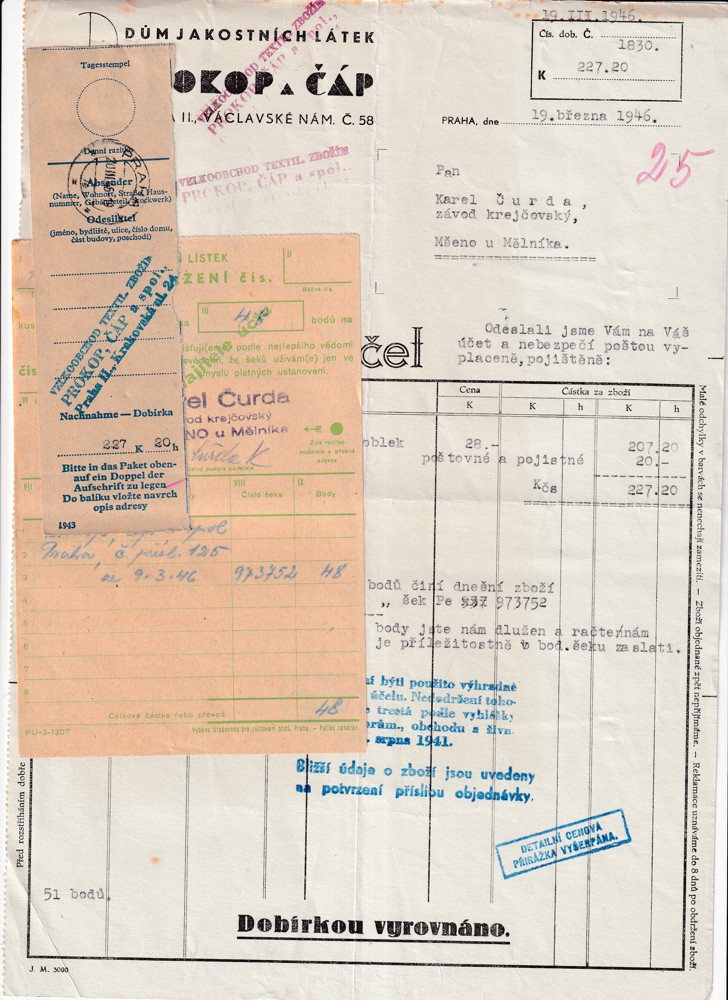 Účet, Dům jakostních látek, Praha, 1946