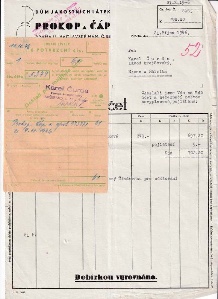 Účet, Dům jakostních látek, Praha, 1946