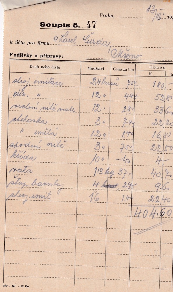 Účet, Dům jakostních látek, Praha, 1946