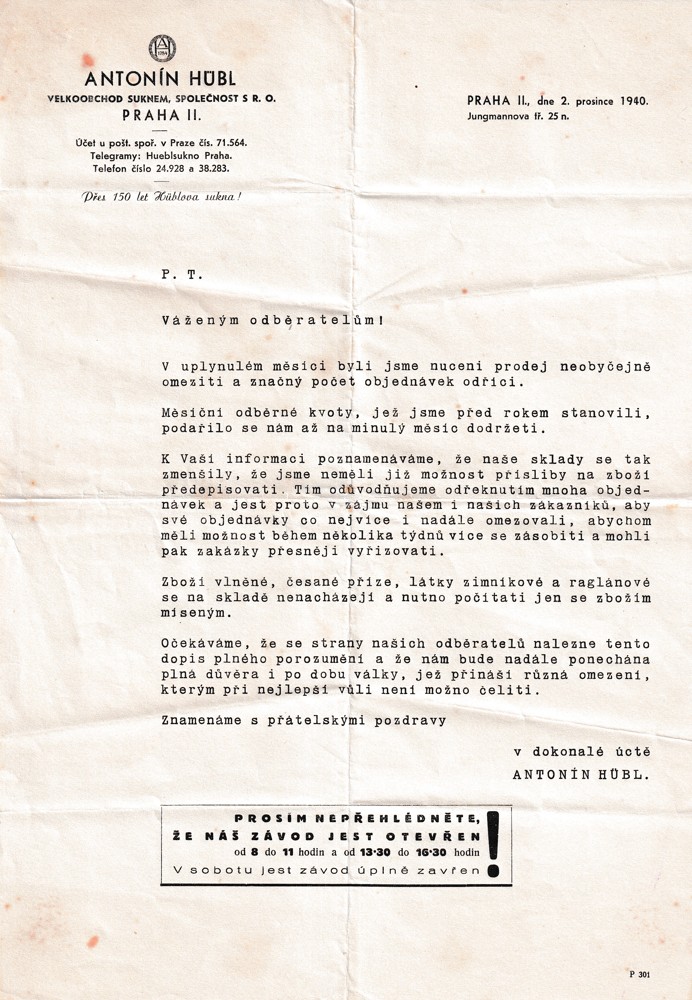 Účet, Velkoobchod suknem, A. Hubl, Praha, 1940