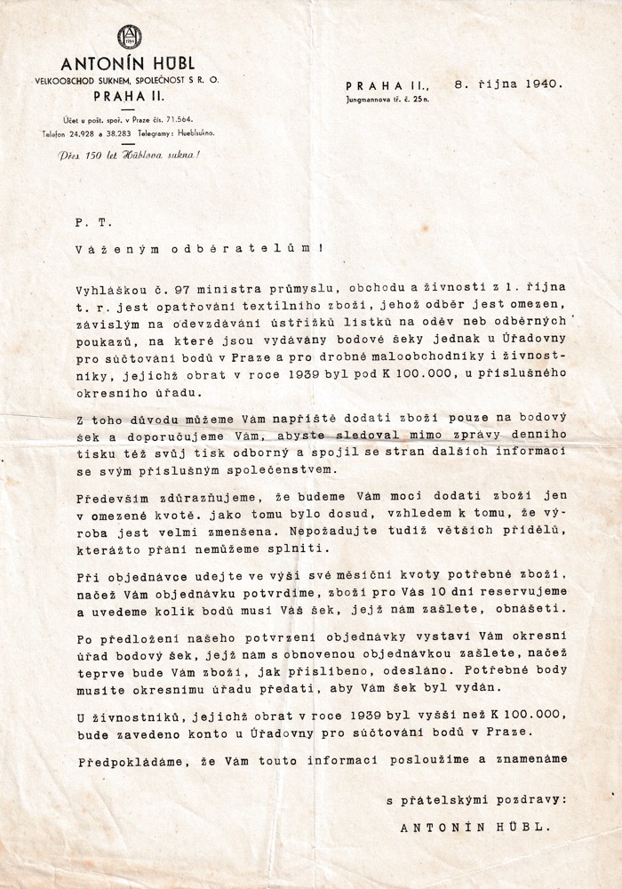 Účet, Velkoobchod suknem, A. Hubl, Praha, 1940