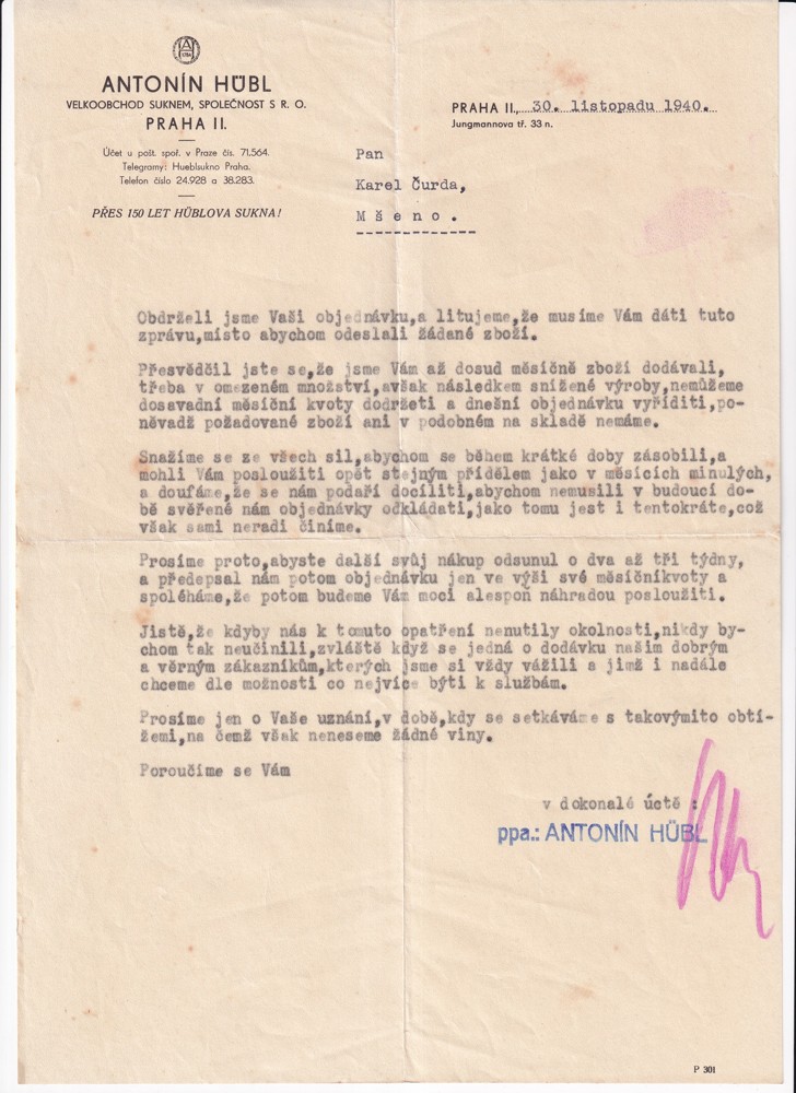 Účet, Velkoobchod suknem, A. Hubl, Praha, 1940