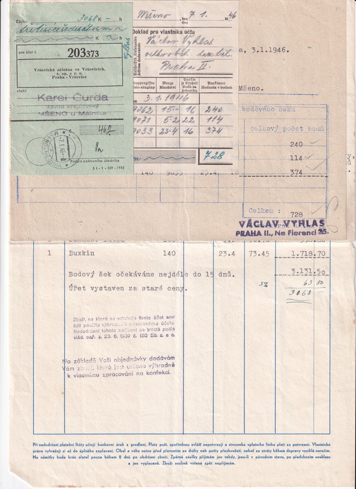 Účet, Velkoobchod textilním zbožím, Praha, 1946