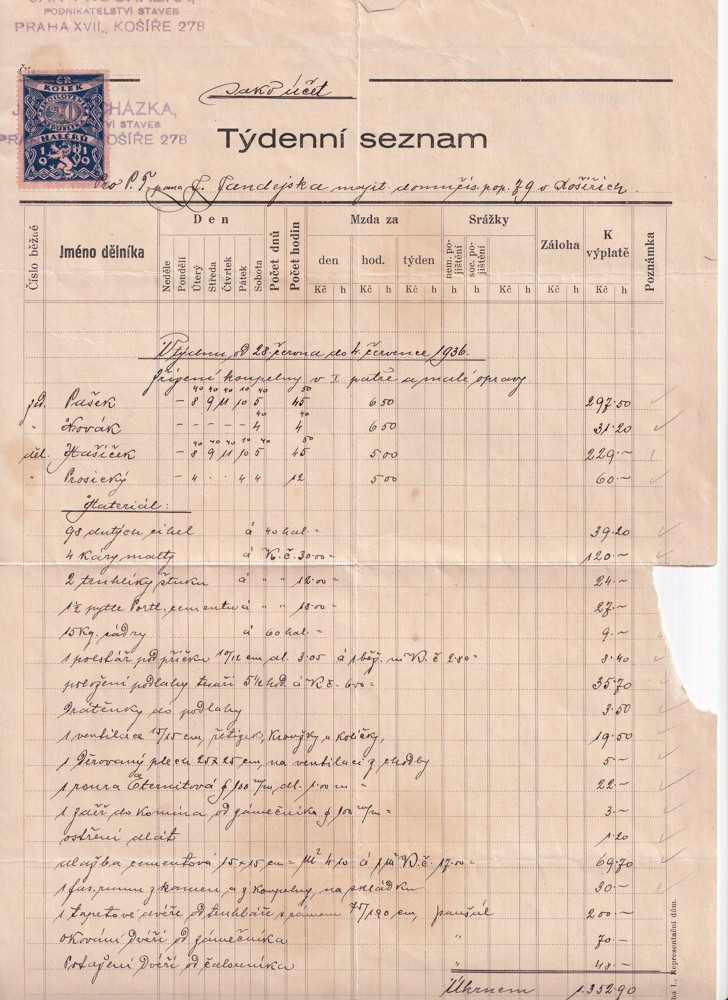 Účet, Podnikatelství staveb, Praha, 1936