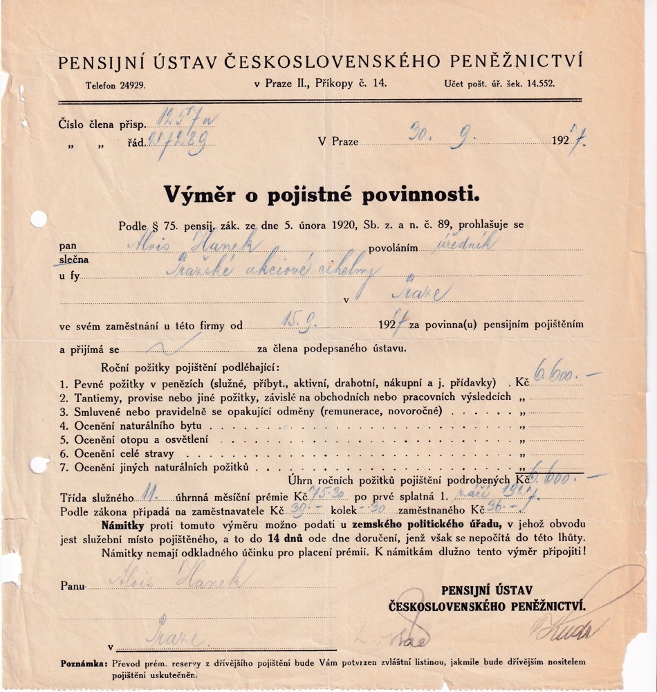 Účet, Penzijní ústav, Výměr, Praha, 1927