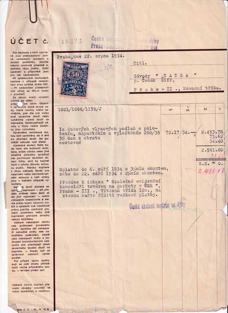 Účet, Továrna na dýhy, Praha, 1934