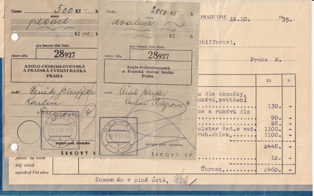 Účet, Módní pánský salon, Praha, 1935