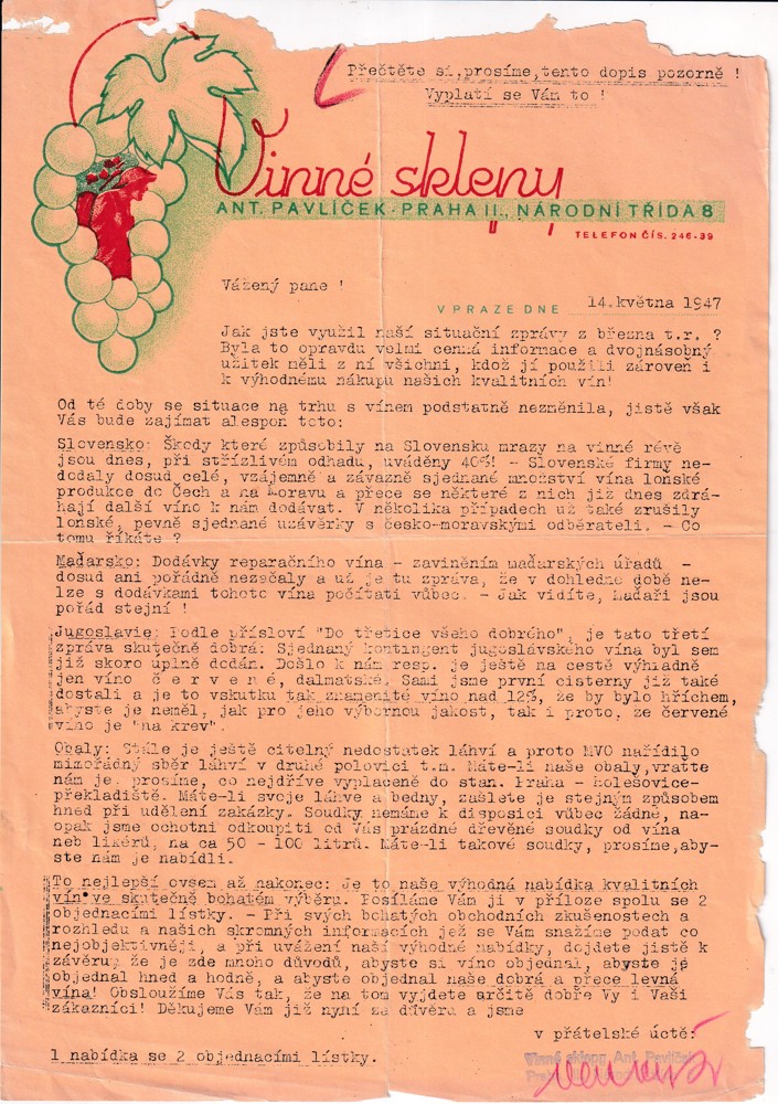 Účet, Vinné sklepy, Praha, 1947