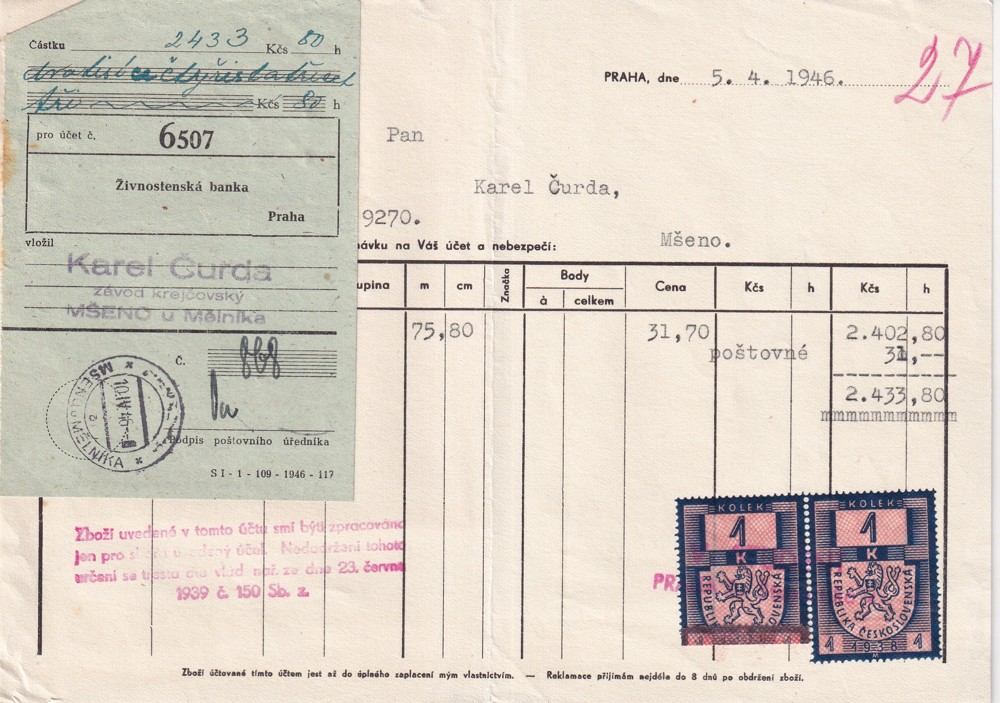 Účet, Závod krejčovský, K. Čurda, Praha, 1946