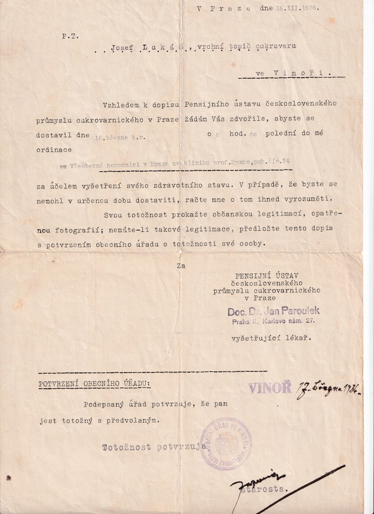 Účet, Vrchní topič cukrovaru, Praha, 1936