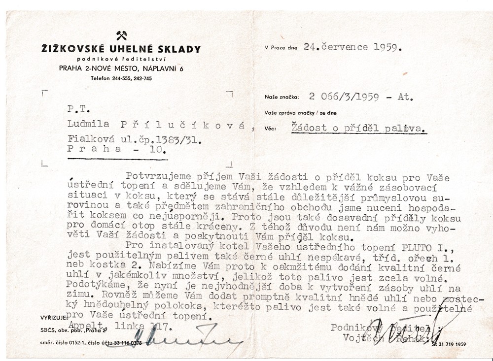 Účet, Žižkovské uhelné sklady, Praha, 1959