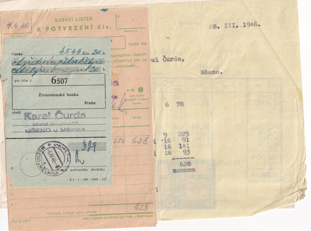 Účet, Závod krejčovský, K. Čurda, Praha, 1947