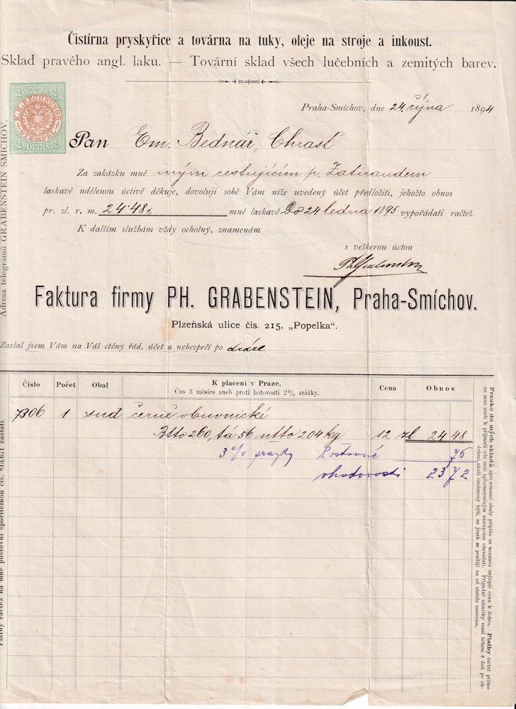 Účet, Sklad – lučební a zemité barvy, Praha, 1894