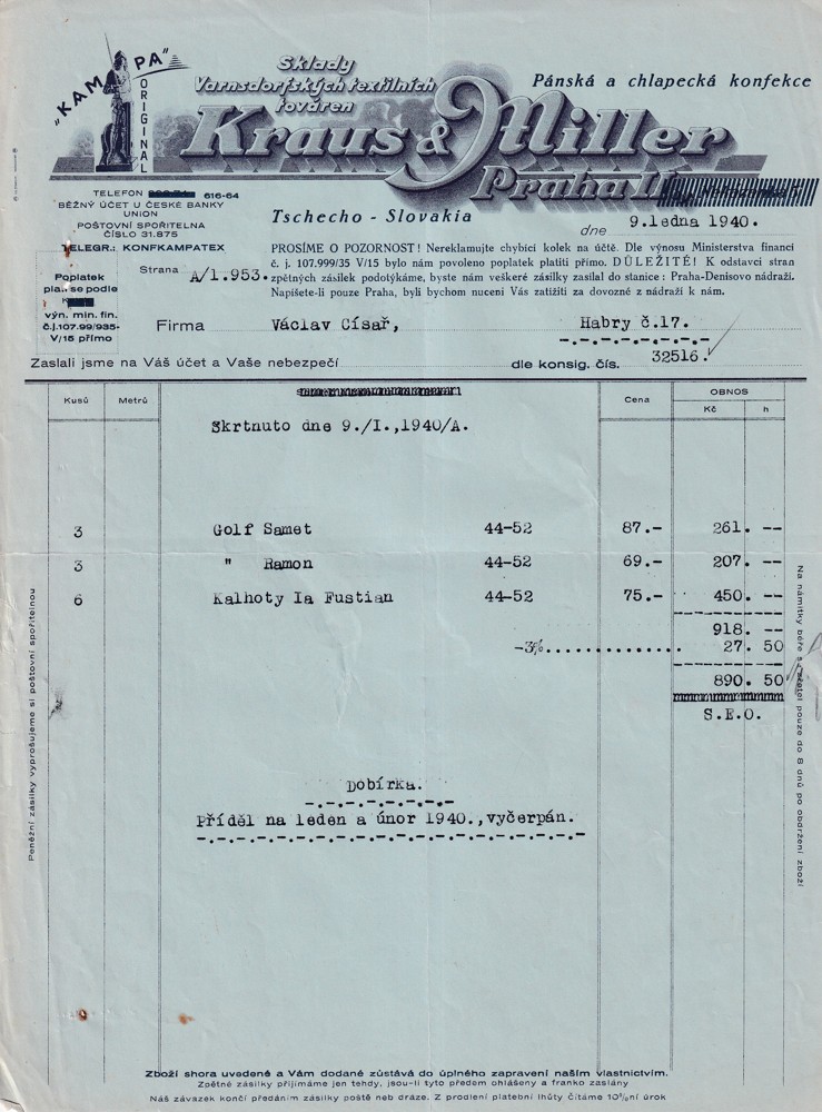 Účet, Pánská a chlapecká konfekce, Praha, 1940