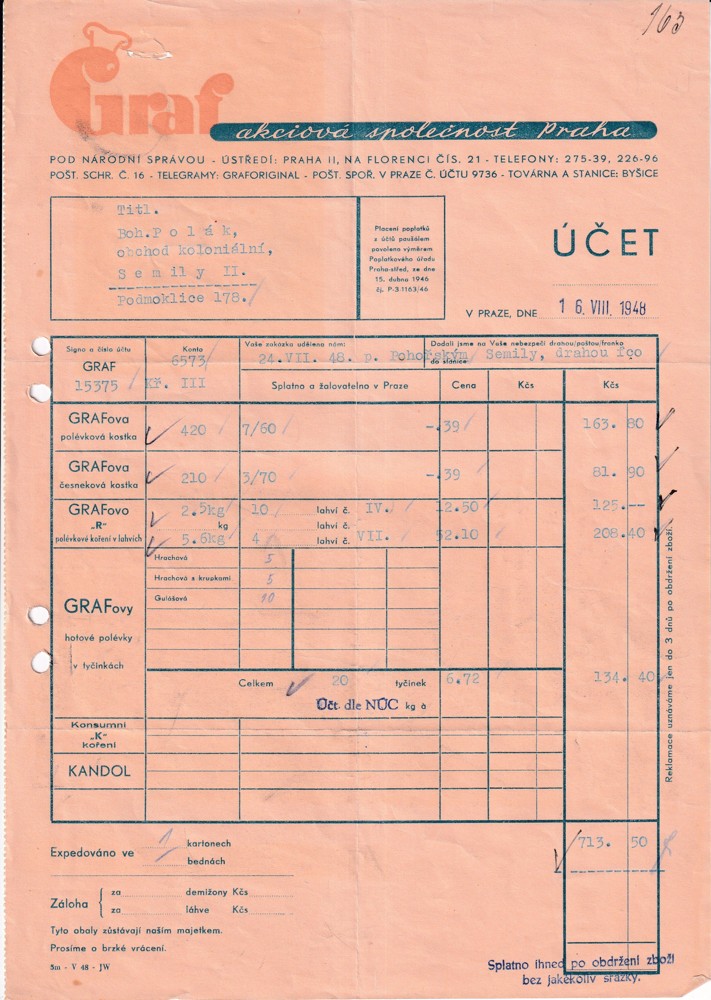 Účet, Graf a.s., koření a polévky, Praha, 1948