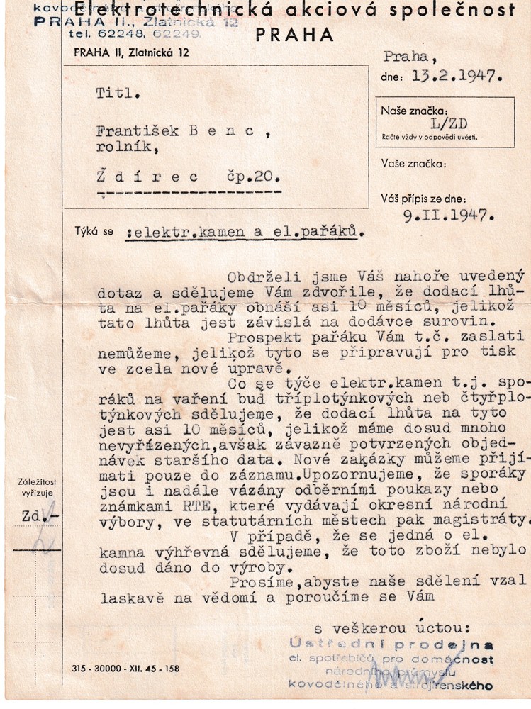 Účet, AEG – elektrotech. společnost, Praha, 1947