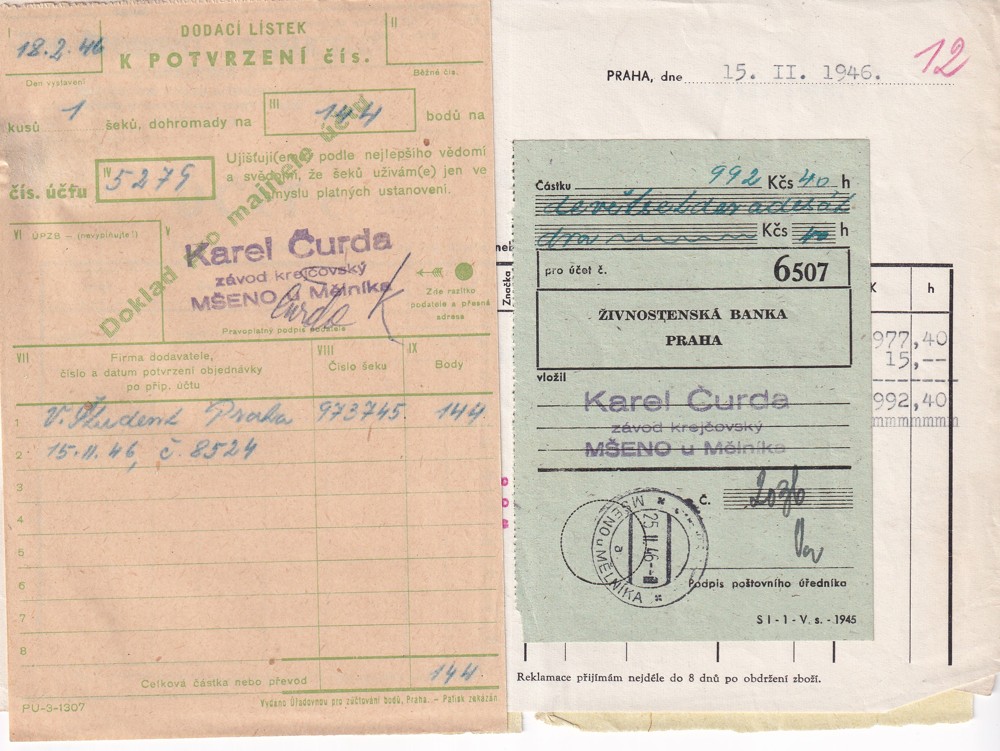 Účet, Velkoobchod suknem a textilem, Praha, 1946