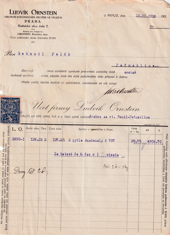 Účet, Obchod koloniálním zboží, Praha, 1928