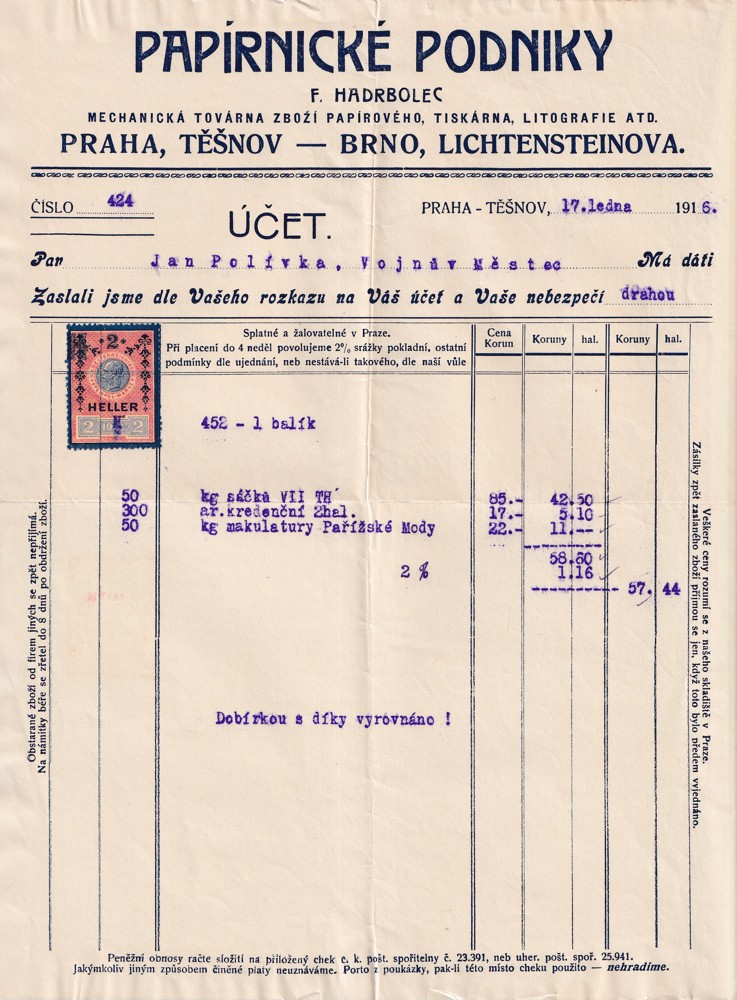 Účet, Papírnické podniky, Praha, 1916