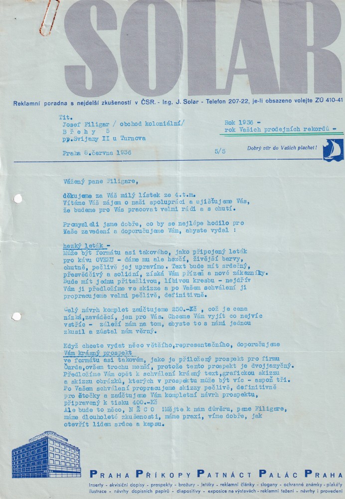 Účet, Solar, obchod koloniální, Praha, 1936