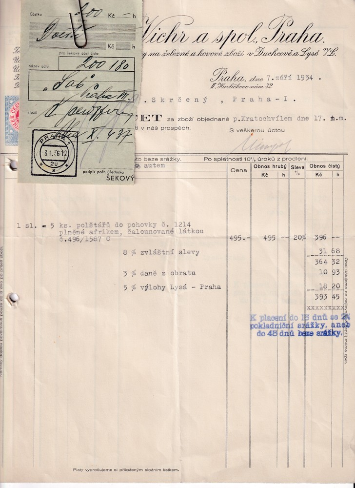 Účet, Továrna železné a kovové zboží, Praha, 1934