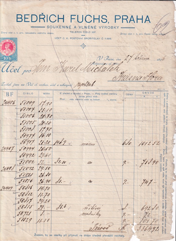 Účet, Soukenné a vlněné výrobky, Praha, 1916
