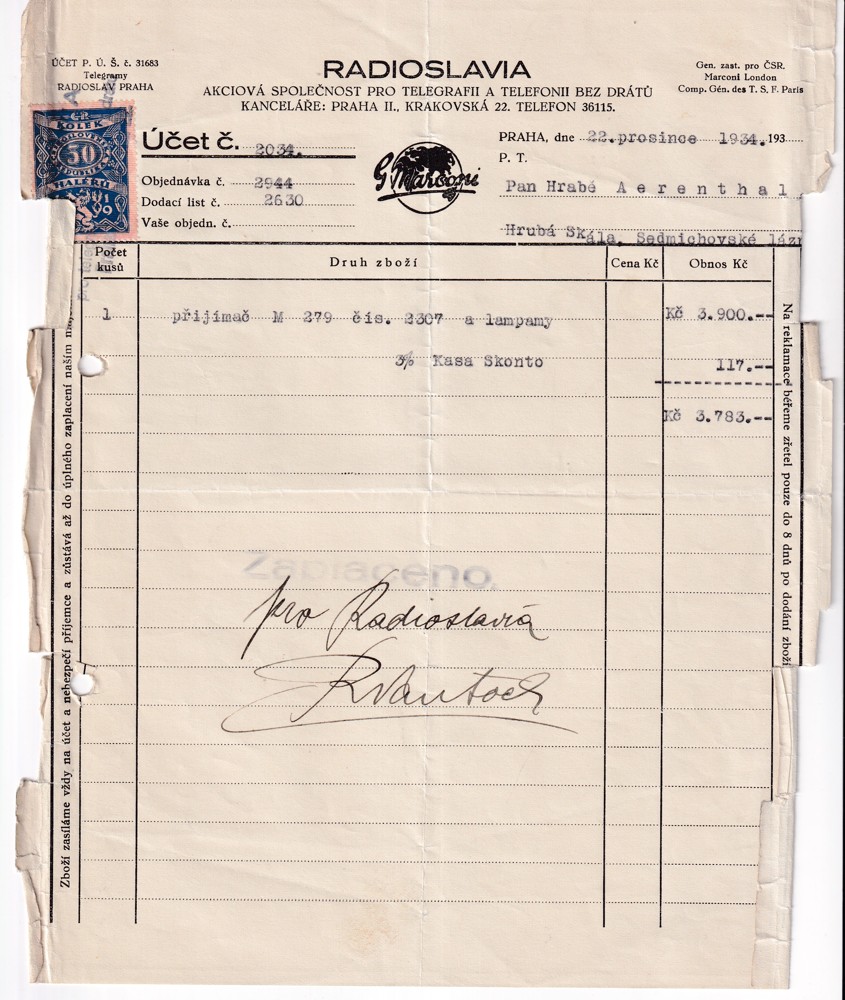 Účet, Radioslavia, Praha, 1934