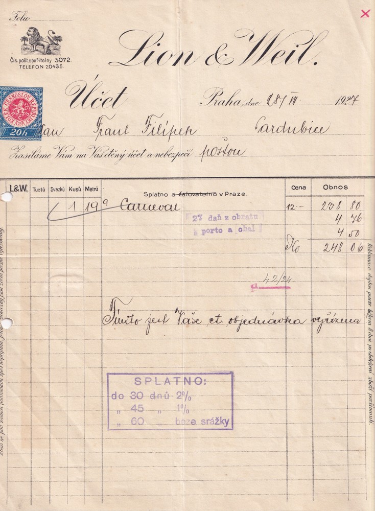 Účet, Lion and Weil, Praha, 1927