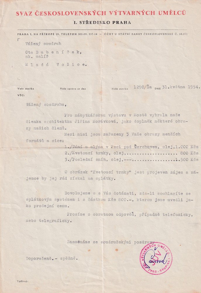 Účet, Svaz ČSL výtvarných umělců, Praha, 1954