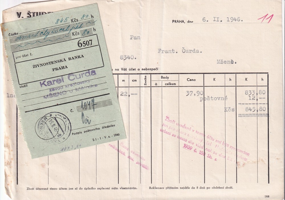 Účet, Velkoobchod suknem a textilem, Praha, 1946