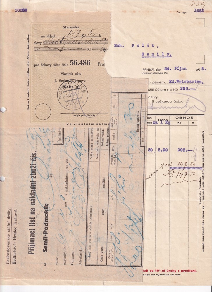 Účet, Sorinzels synové, Praha, 1928