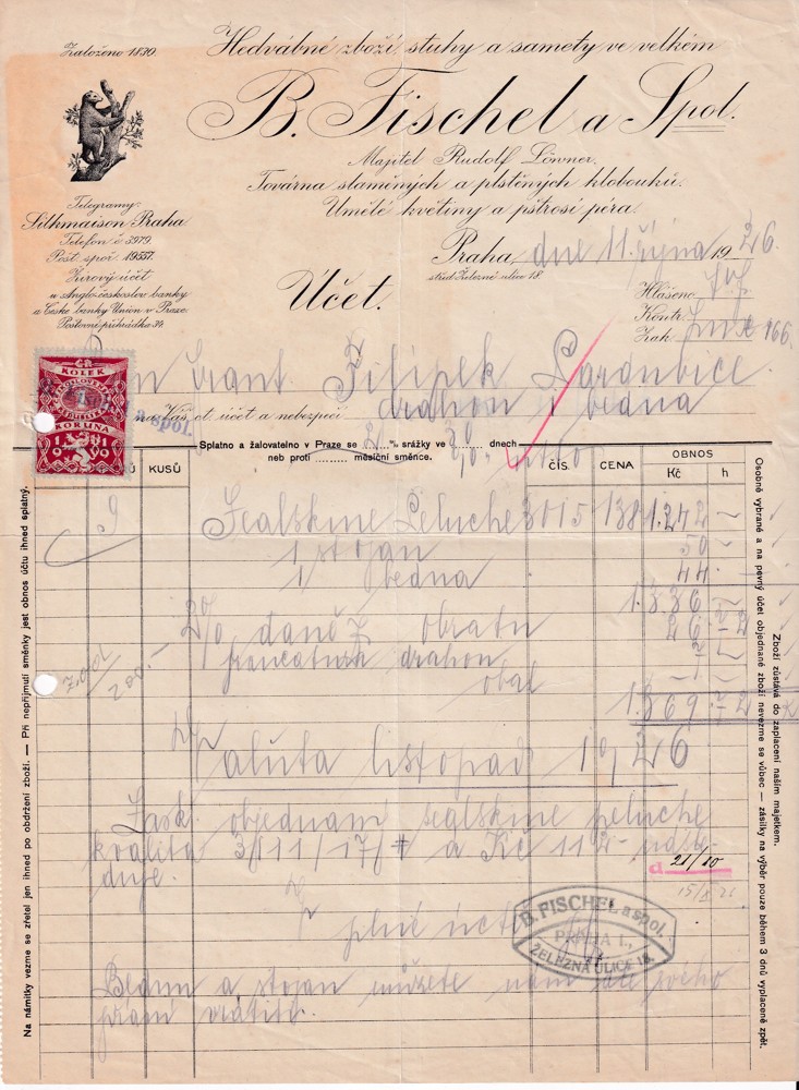 Účet, Slaměné a plstěné klobouky, Praha, 1926