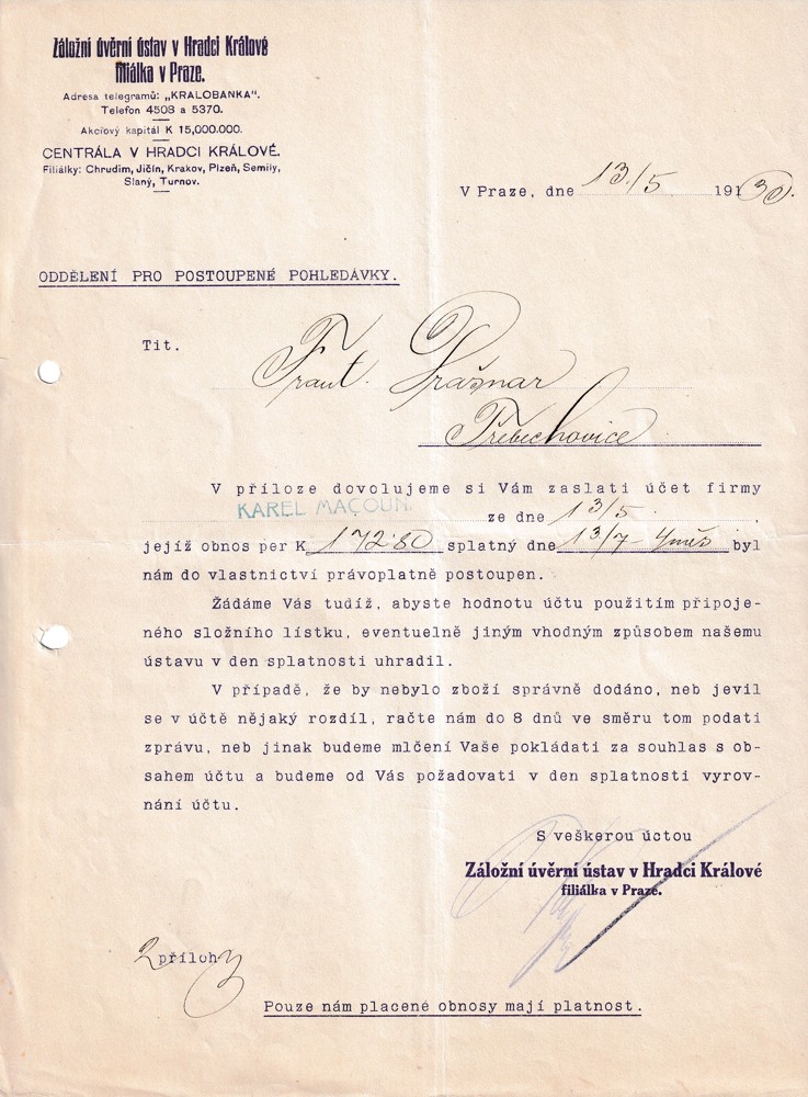 Účet, Záložní úvěrní ústav, filiálka v Praze, 1930