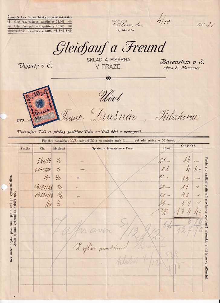 Účet, Sklad a pisárna, Praha, 1912